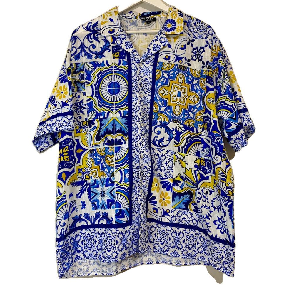 boohooMAN Men’s Geometric Short Sleeve Button Up Shirt Blue Yellow Size XL EUC